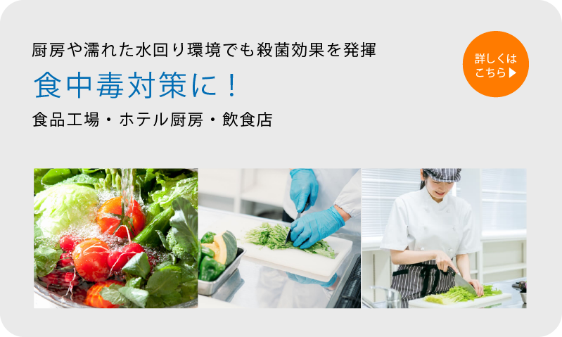 厨房や濡れた水回り環境でも殺菌効果を発揮 食中毒対策に! 食品工場・ホテル厨房・飲食店